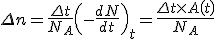 \Delta n = \frac{\Delta t}{N_A} \left( - \frac{dN}{dt} \right)_t = \frac{ \Delta t \times A\left( t \right) }{N_A}